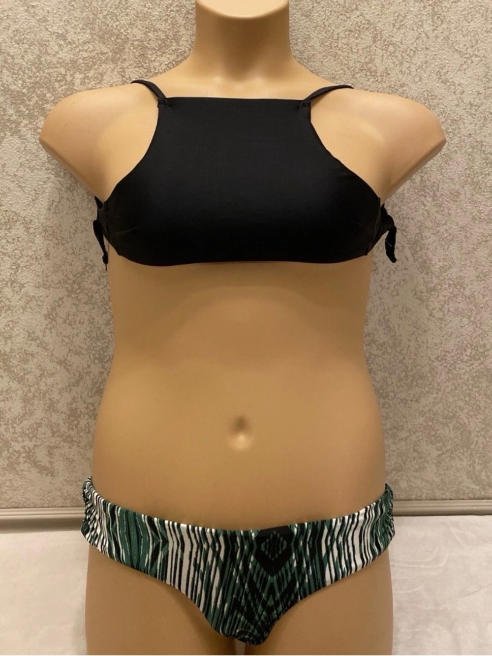 Black Halter Bikini Top with Green Wood Grain Bikini Bottoms